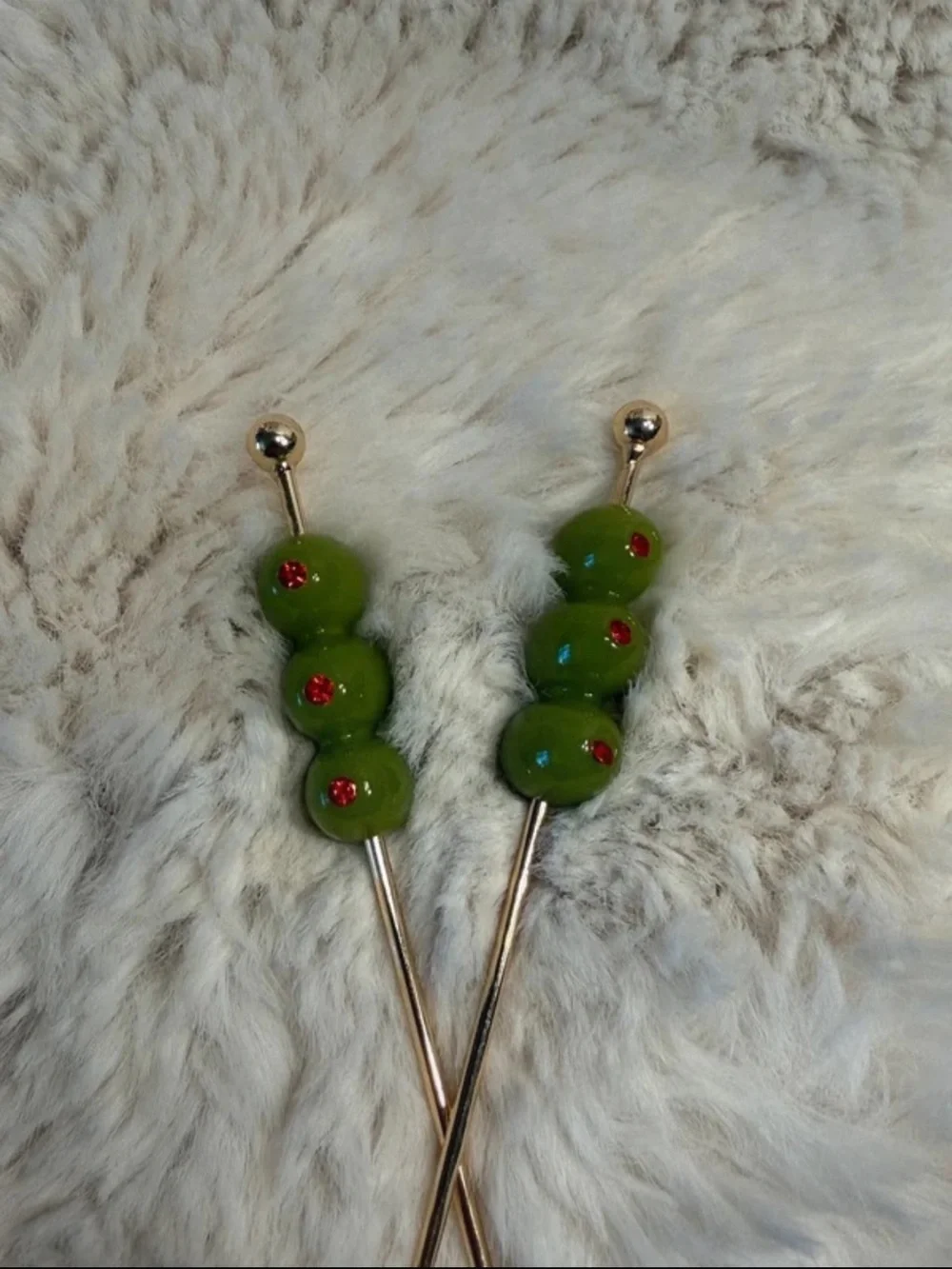 Martini mid century modern Green Olive Bead Hair Stick Pair - Women Jewelry